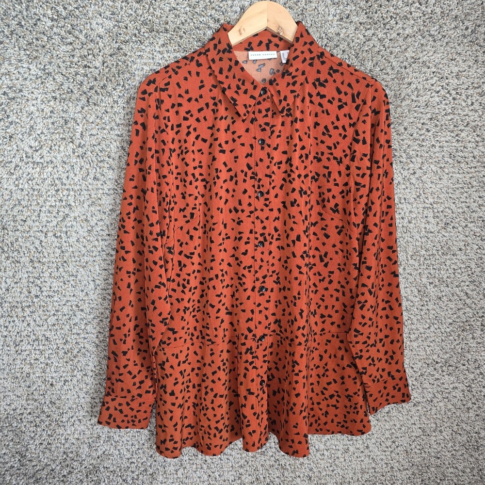 Susan Graver Top Womens Medium Brown‎ Button Up Printed Long Sleeve Collared
